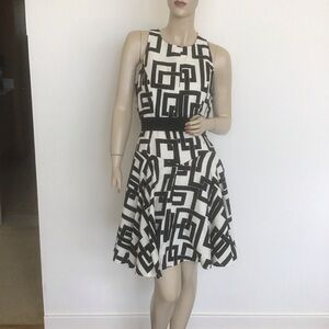Milly New York Black White Geometric Linen Silk Blend Fit n Flare Dress 6